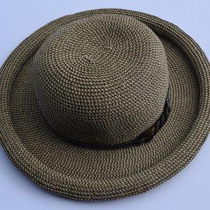 Nine West Ladies Woven Packable Fashion Hat w/ Leather Trim